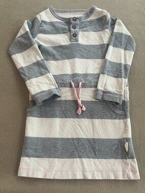 Burts Bees Kids Girls White & Gray Stripe Dress Long Sleeves Size 2T